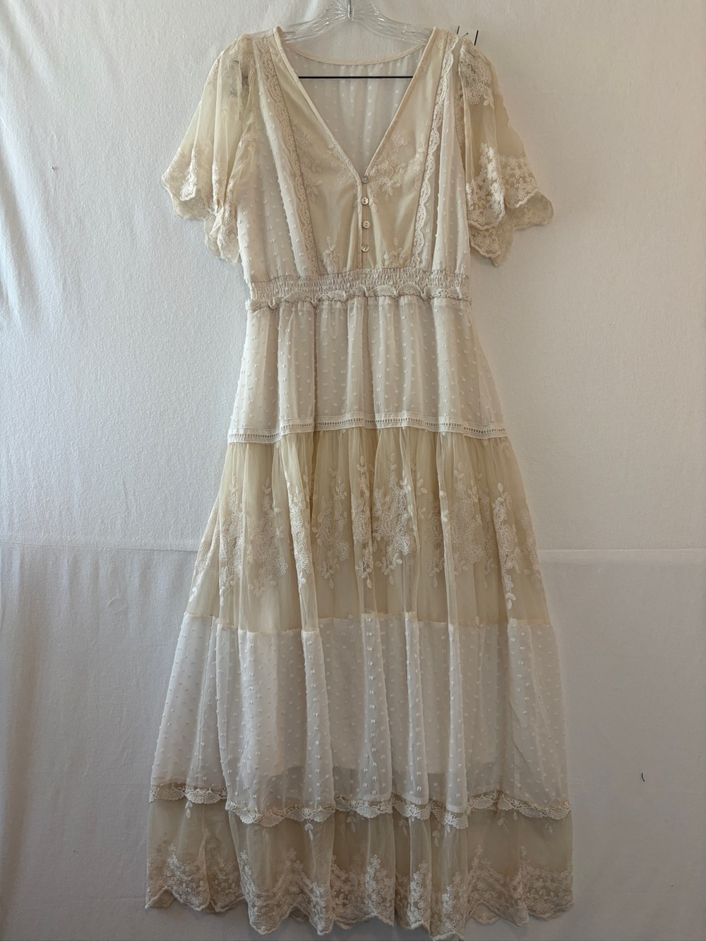 Cream Lace Tiered Maxi Dress with V-Neck